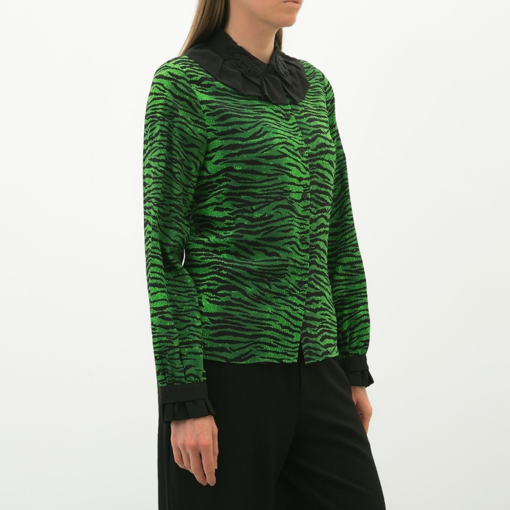 KENZO x H&M Green Tiger Print Silk Ruffle Collar Long Sleeve Button Up Blouse 2 - Picture 2 of 16